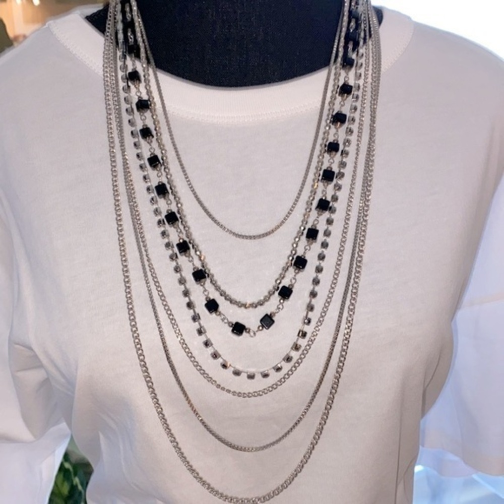 ✅Multi layer necklace w/ black satin ribbon 🎀 closure. Beads & Rhinestones.